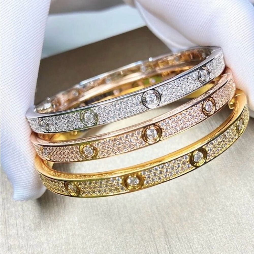 Triple Row Gem Encrusted 18k Gold Screw-on Bangle/stainless steel bundle